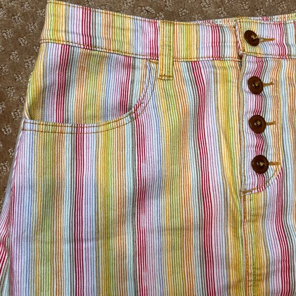 Maeve Anthropologie Size 8 Rainbow Striped Stretch Denim Mini Skirt Buttonfly - Picture 5 of 13